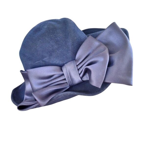 Vintage Mr. John Classic Wool Hat Wide Brim Satin Bow Navy Blue MCM Made in USA - Picture 3 of 13